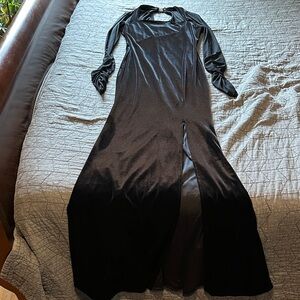 Club L London: APRES Black Velvet Bodycon Split Maxi Dress With Sheer Sleeves